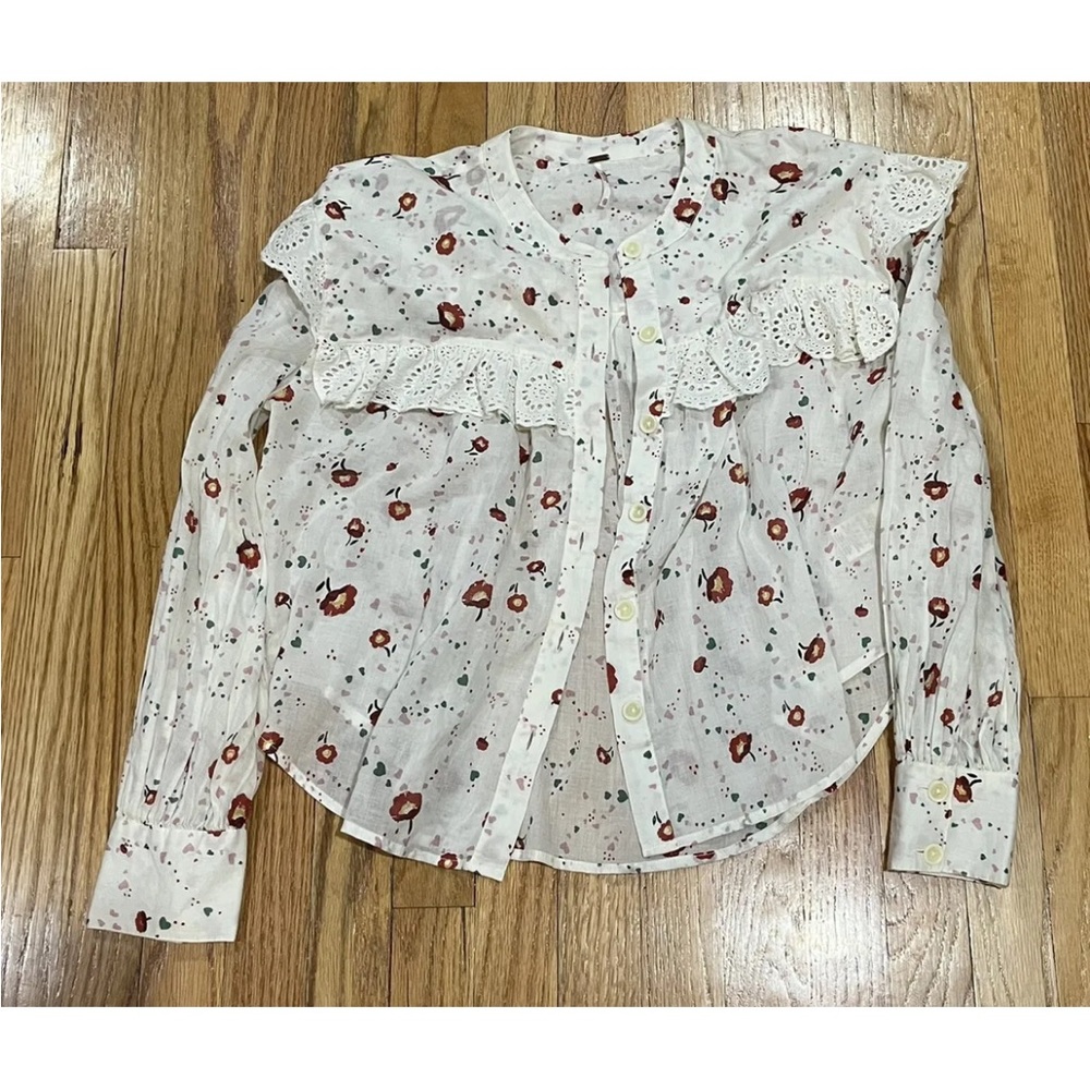 Free People White Shirt With Maroon Poppy Flowers And Lace Trim XS Will Fit S M